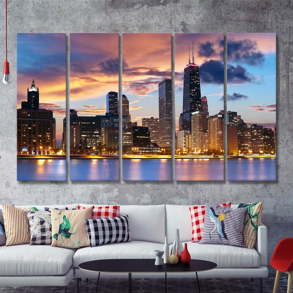 Skyline Of Chicago 5 Pieces B Canvas Prints Wall Art - Painting Canvas, Multi Panels,5 Panel, Wall Decor