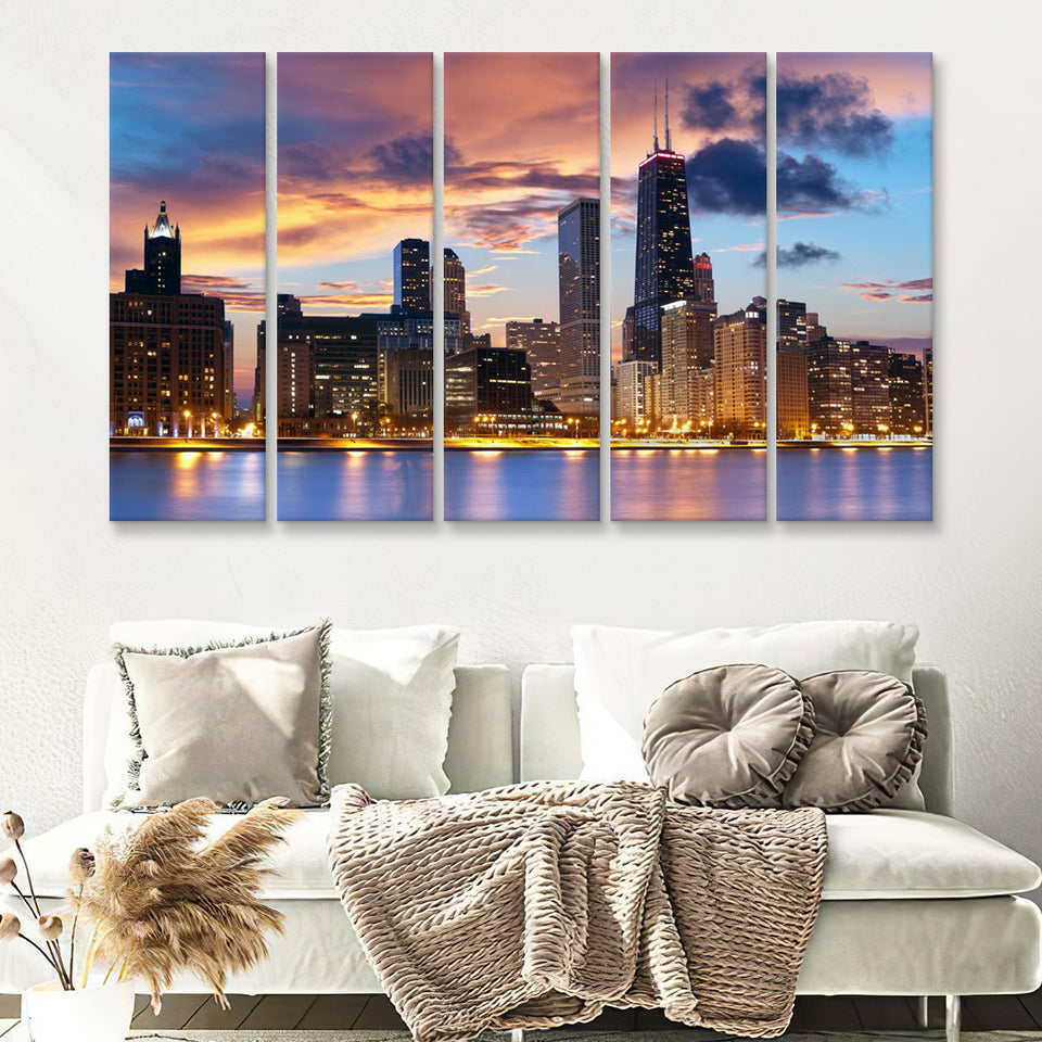 Skyline Of Chicago 5 Pieces B Canvas Prints Wall Art - Painting Canvas, Multi Panels,5 Panel, Wall Decor