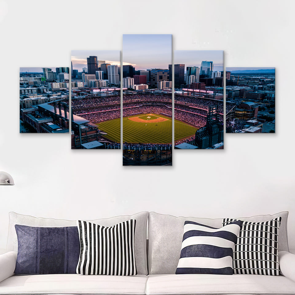 Skyline Of Denver Colorado At Sunset Stadium Baseball  5 Pieces Canvas Prints Wall Art - Painting Canvas, Multi Panel, Home Wall Decor, For Sale