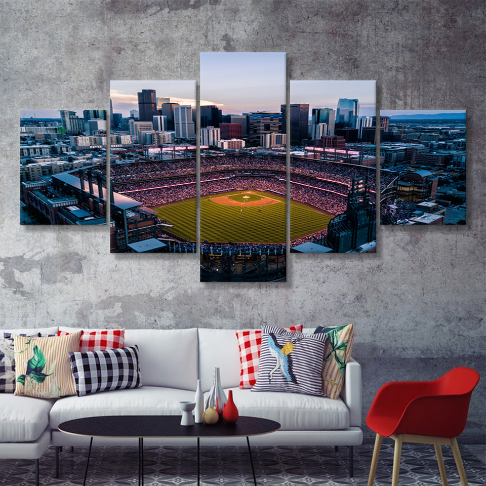 Skyline Of Denver Colorado At Sunset Stadium Baseball  5 Pieces Canvas Prints Wall Art - Painting Canvas, Multi Panel, Home Wall Decor, For Sale