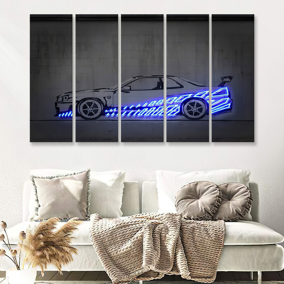 Skyline R34 Wall Art Neon Print 5 Pieces B Canvas Prints Wall Art - Painting Canvas, Multi Panels, Wall Decor