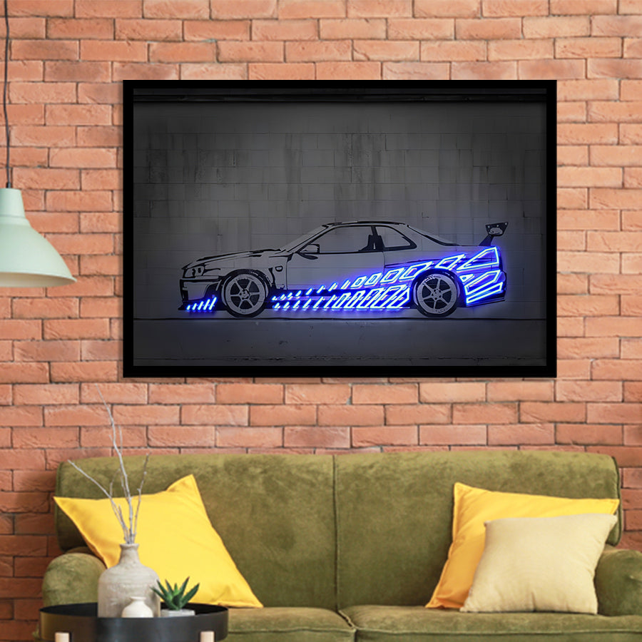 Skyline R34 Wall Art Neon Print Framed Art Prints Wall Decor - Painting Prints,Framed Picture, Home Decor, For Sale