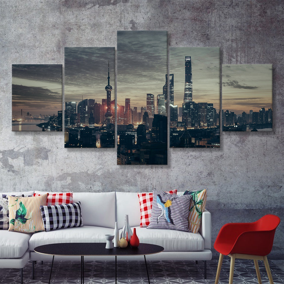Skyscrapers Night City Of Shanghai  5 Pieces Canvas Prints Wall Art - Painting Canvas, Multi Panels, 5 Panel, Wall Decor