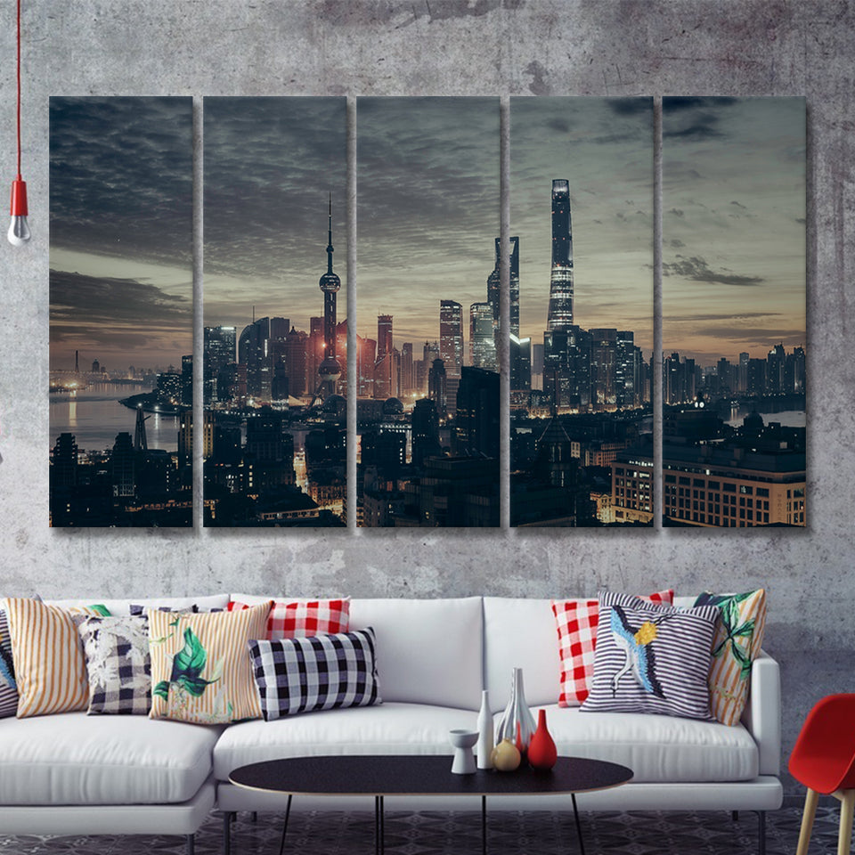 Skyscrapers Night City Of Shanghai 5 Pieces B Canvas Prints Wall Art - Painting Canvas, Multi Panels,5 Panel, Wall Decor