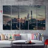 Skyscrapers Night City Of Shanghai 5 Pieces B Canvas Prints Wall Art - Painting Canvas, Multi Panels,5 Panel, Wall Decor