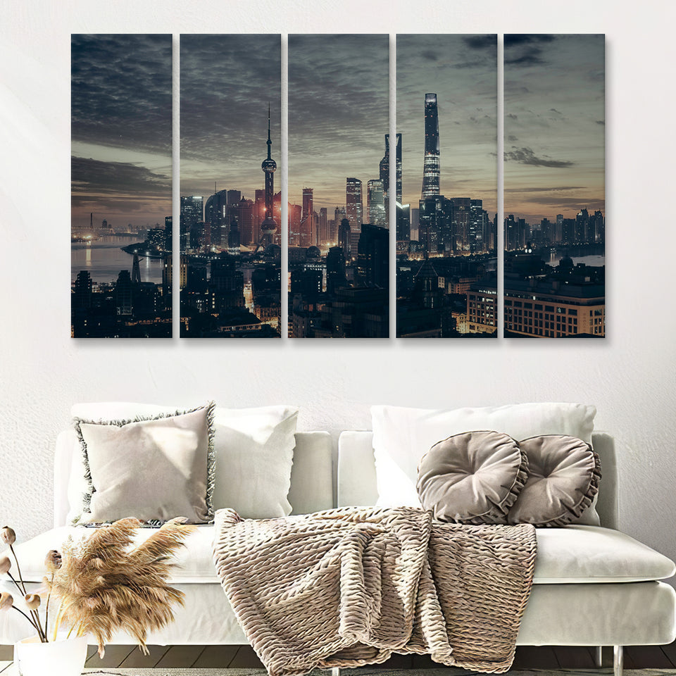 Skyscrapers Night City Of Shanghai 5 Pieces B Canvas Prints Wall Art - Painting Canvas, Multi Panels,5 Panel, Wall Decor