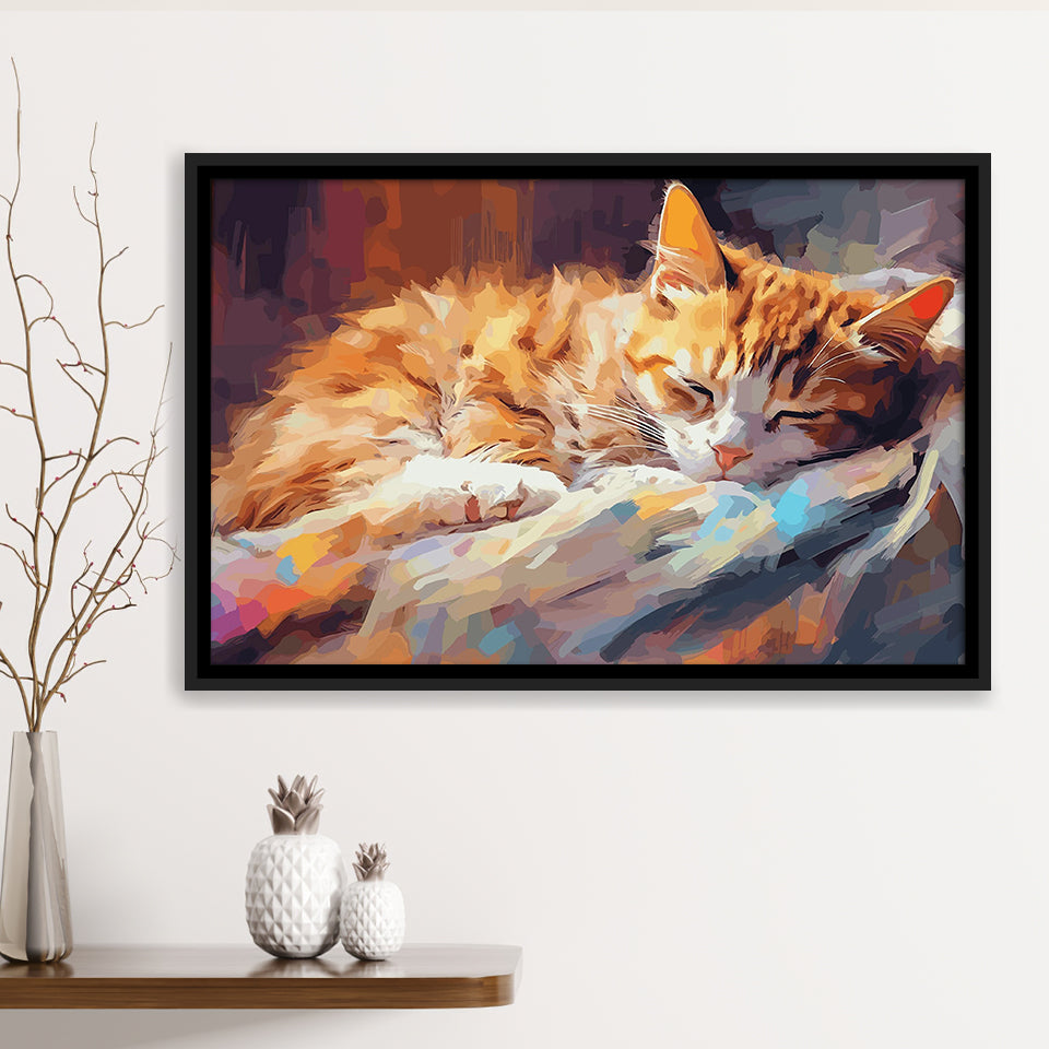 Sleeping Kitty, Sleepy Cat Water Color Painting Canvas, Cat Lover Art Framed Canvas Prints Wall Art, Floating Frame, Large Canvas