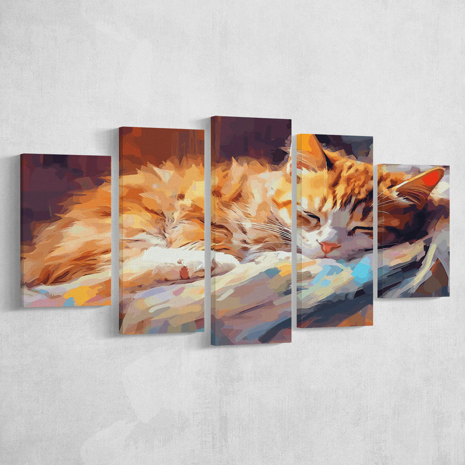 Sleeping Kitty, Sleepy Cat Water Color Painting Canvas, Cat Lover Art, 5 Panel Canvas Prints Wall Art,Mixed Canvas, Large Canvas