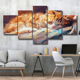 Sleeping Kitty, Sleepy Cat Water Color Painting Canvas, Cat Lover Art, 5 Panel Canvas Prints Wall Art,Mixed Canvas, Large Canvas