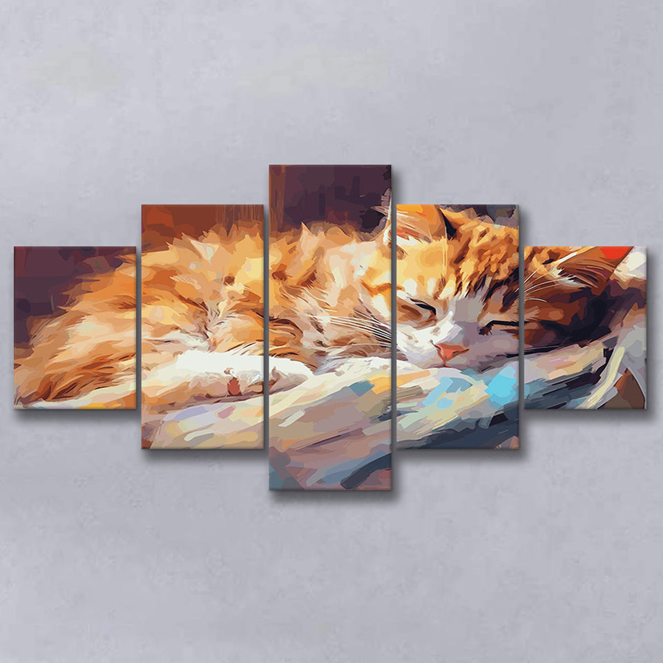 Sleeping Kitty, Sleepy Cat Water Color Painting Canvas, Cat Lover Art, 5 Panel Canvas Prints Wall Art,Mixed Canvas, Large Canvas