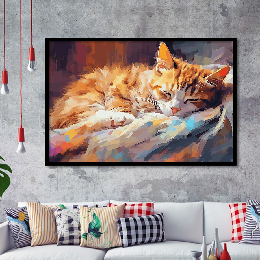Sleeping Kitty, Sleepy Cat Water Color Painting Canvas, Cat Lover Art Framed Art Prints Wall Decor, Framed Picture, Large Art Prints
