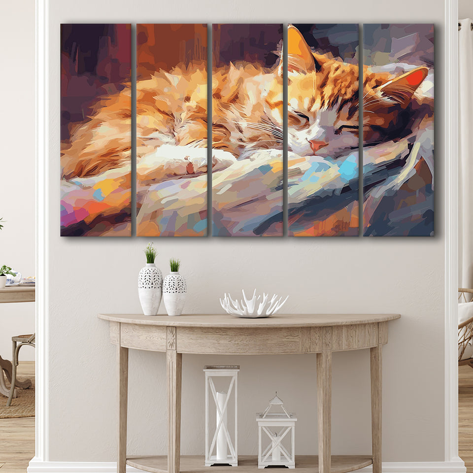 Sleeping Kitty, Sleepy Cat Water Color Painting Canvas, Cat Lover Art, 5 Panel B Canvas Prints Wall Art, Extra Large Canvas Decor
