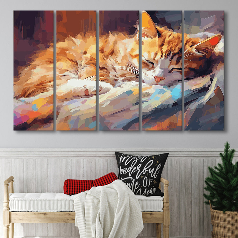 Sleeping Kitty, Sleepy Cat Water Color Painting Canvas, Cat Lover Art, 5 Panel B Canvas Prints Wall Art, Extra Large Canvas Decor