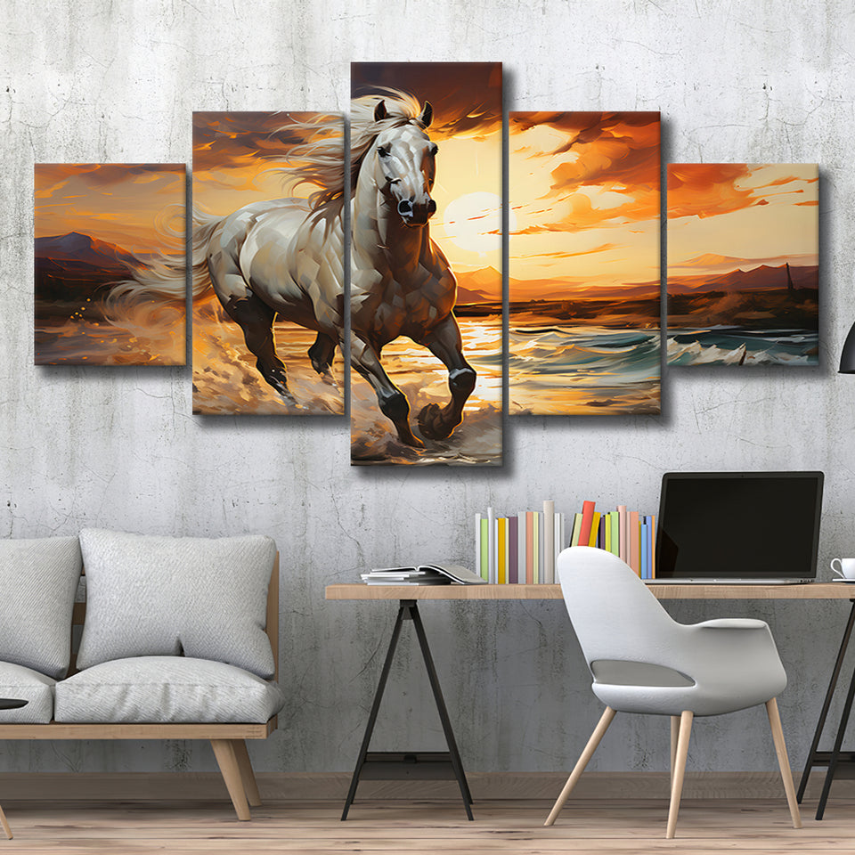 Sliver Horse Running In The Sunrise V4 5 Panels Canvas Prints Wall Art Home Decor, Large Mixed Canvas