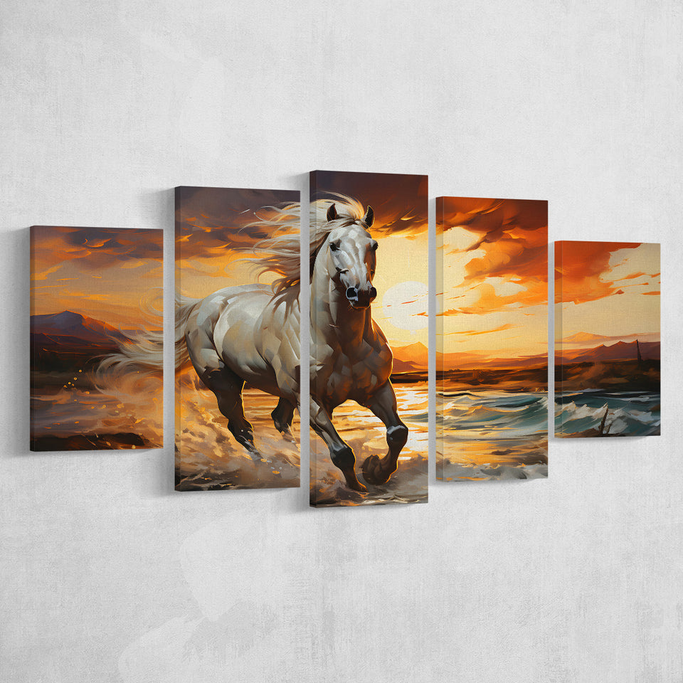 Sliver Horse Running In The Sunrise V4 5 Panels Canvas Prints Wall Art Home Decor, Large Mixed Canvas