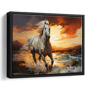 Sliver Horse Running In The Sunrise V4 Framed Canvas Prints Wall Art Home Decor, Painting Canvas, Floating Frame