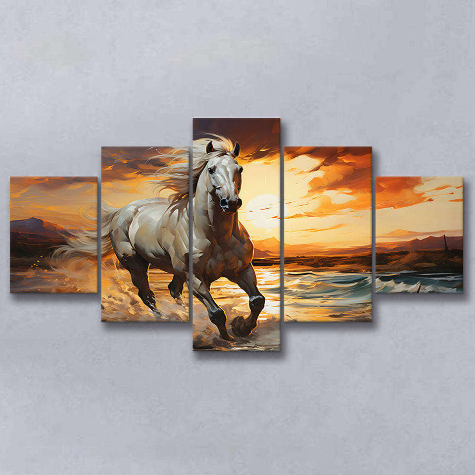Sliver Horse Running In The Sunrise V4 5 Panels Canvas Prints Wall Art Home Decor, Large Mixed Canvas