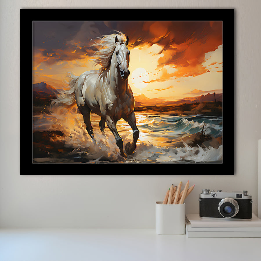 Sliver Horse Running In The Sunrise V4 Framed Art Prints Wall Decor, Painting Art, Framed Picture