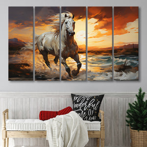 Sliver Horse Running In The Sunrise V4 5 Panels B Canvas Prints Wall Art Home Decor, Extra Large Canvas