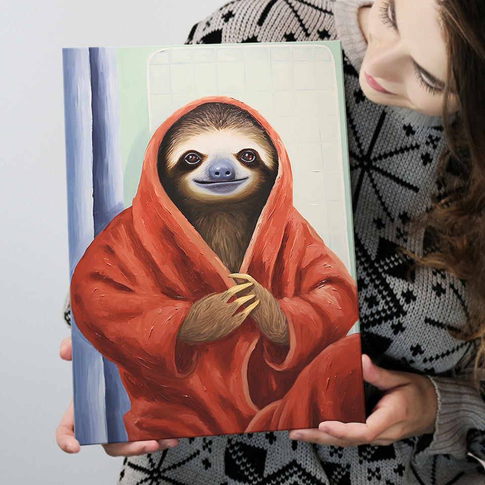 Sloth In Bathrobe, Bathroom Art Painting, Painting Art, Canvas Prints Wall Art Home Decor