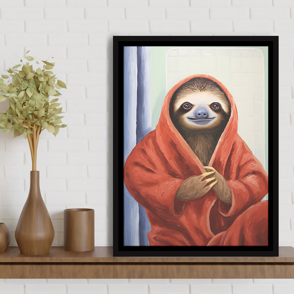 Sloth In Bathrobe, Bathroom Art Painting,Framed Canvas Prints,Floating Frame, Wall Art Home Decor