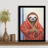 Sloth In Bathrobe, Bathroom Art Painting,Framed Canvas Prints,Floating Frame, Wall Art Home Decor