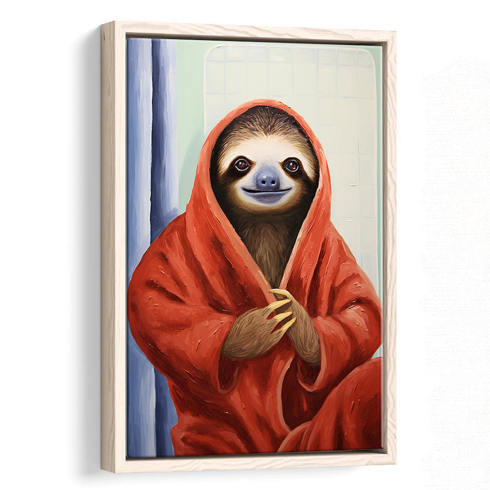 Sloth In Bathrobe, Bathroom Art Painting,Framed Canvas Prints,Floating Frame, Wall Art Home Decor