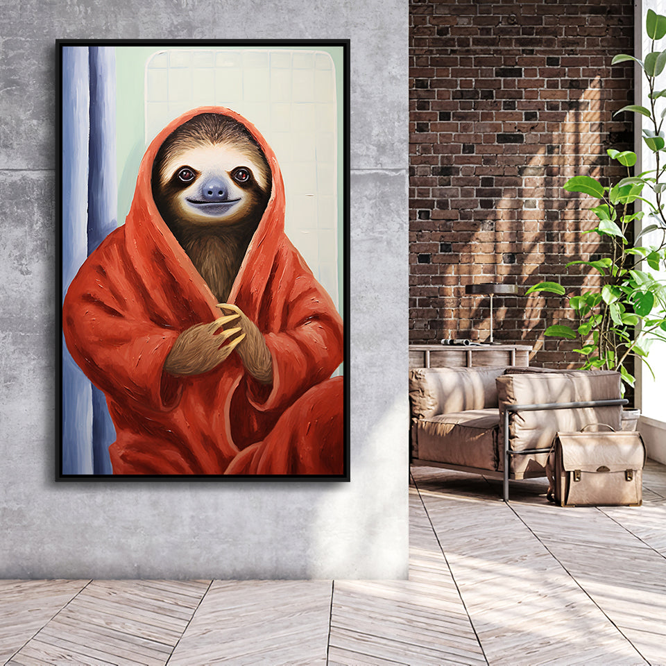 Sloth In Bathrobe, Bathroom Art Painting,Framed Canvas Prints,Floating Frame, Wall Art Home Decor