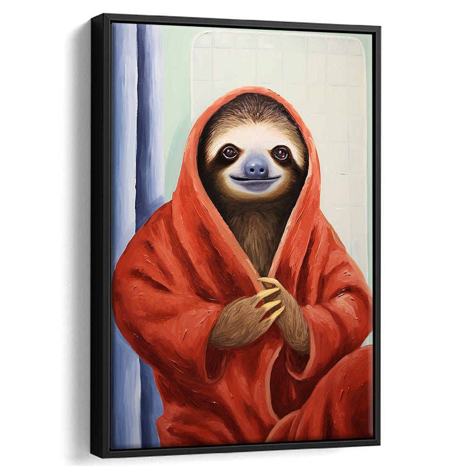 Sloth In Bathrobe, Bathroom Art Painting,Framed Canvas Prints,Floating Frame, Wall Art Home Decor