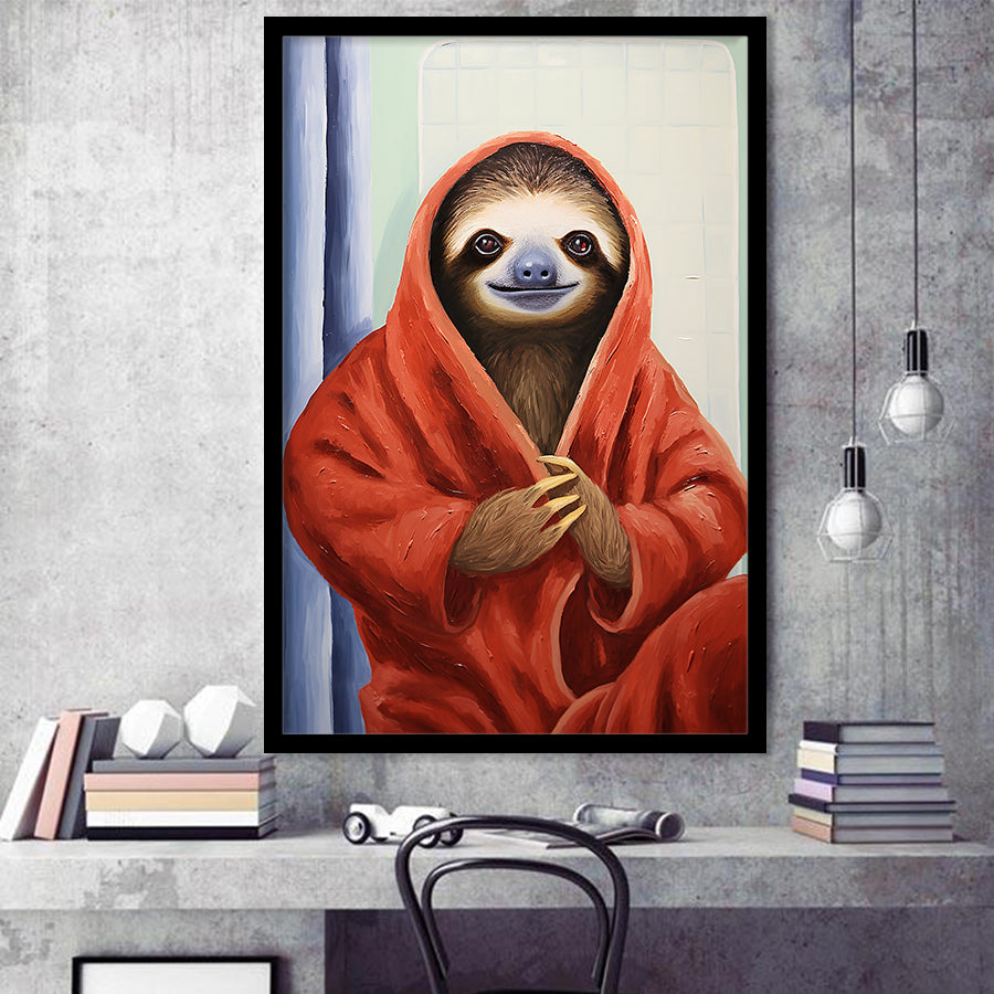Sloth In Bathrobe, Bathroom Art Painting, Painting Art, Framed Art Prints Wall Decor