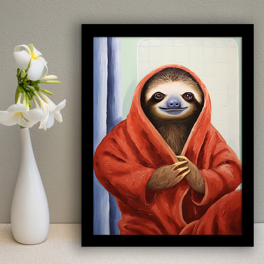 Sloth In Bathrobe, Bathroom Art Painting, Painting Art, Framed Art Prints Wall Decor