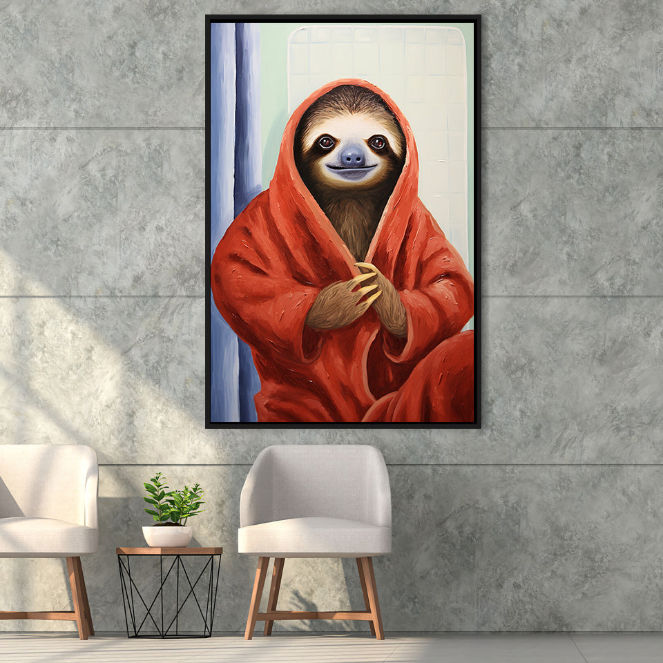 Sloth In Bathrobe, Bathroom Art Painting,Framed Canvas Prints,Floating Frame, Wall Art Home Decor