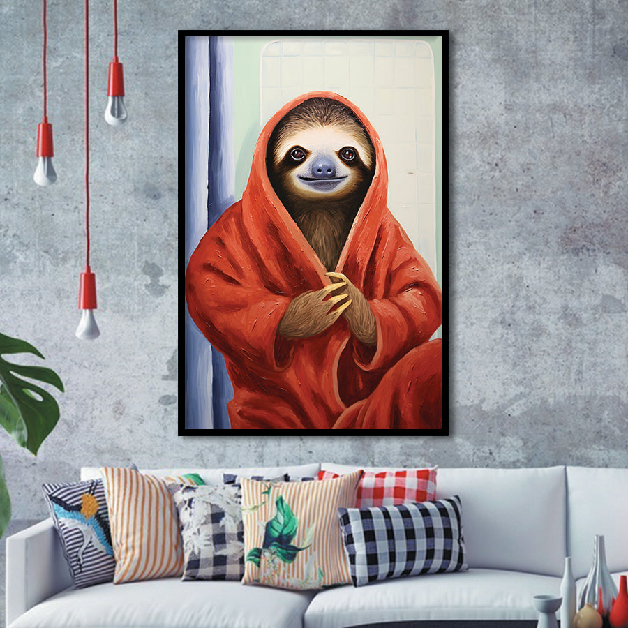 Sloth In Bathrobe, Bathroom Art Painting, Painting Art, Framed Art Prints Wall Decor