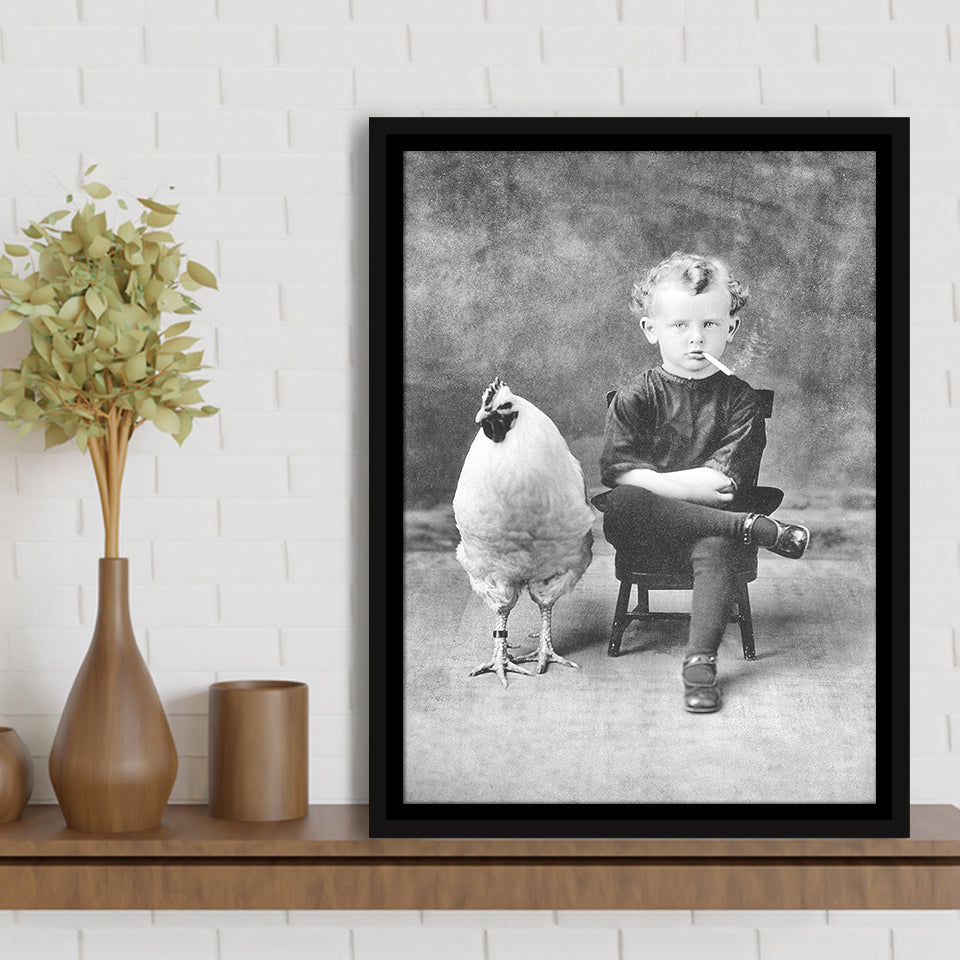 Smoking Boy With Chicken Black And White Print, Wall Art Framed Canvas Prints Wall Art Home Decor, Floating Frame