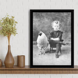 Smoking Boy With Chicken Black And White Print, Wall Art Framed Canvas Prints Wall Art Home Decor, Floating Frame