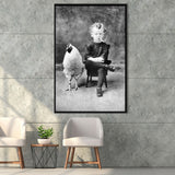 Smoking Boy With Chicken Black And White Print, Wall Art Framed Canvas Prints Wall Art Home Decor, Floating Frame