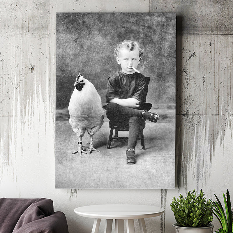 Smoking Boy With Chicken Black And White Print, Wall Art Canvas Prints Wall Art Home Decor