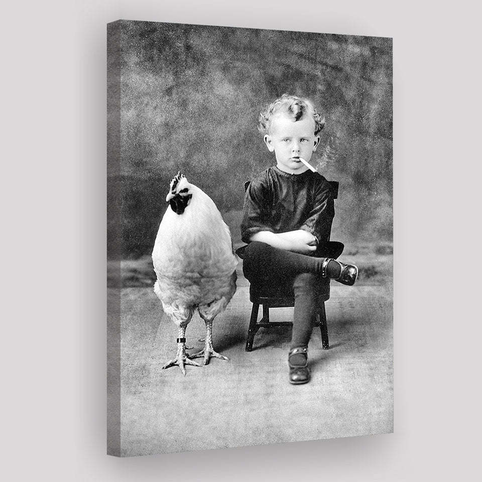 Smoking Boy With Chicken Black And White Print, Wall Art Canvas Prints Wall Art Home Decor