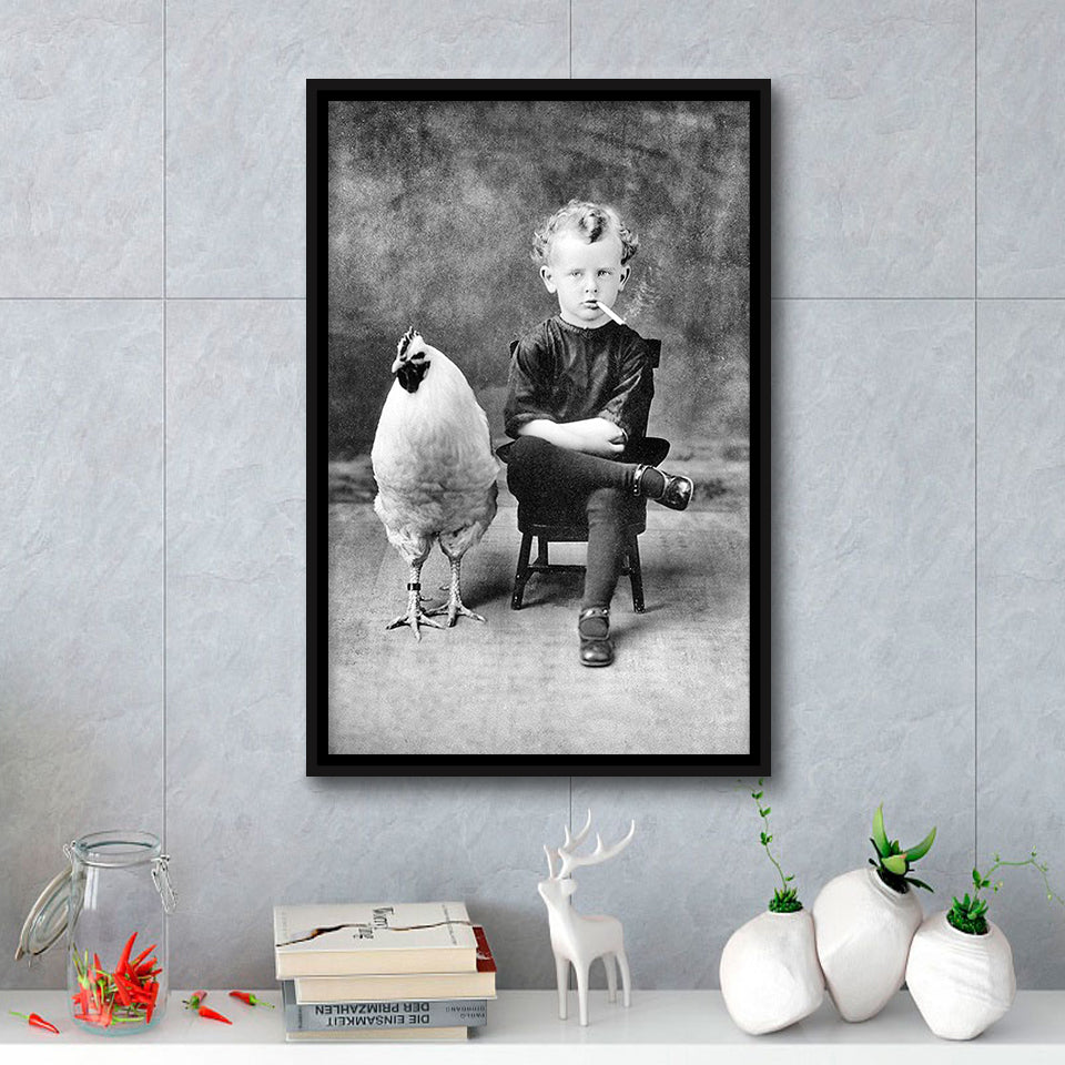 Smoking Boy With Chicken Black And White Print, Wall Art Framed Canvas Prints Wall Art Home Decor, Floating Frame