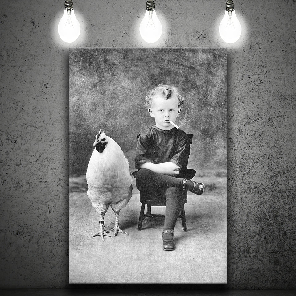 Smoking Boy With Chicken Black And White Print, Wall Art Canvas Prints Wall Art Home Decor