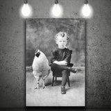 Smoking Boy With Chicken Black And White Print, Wall Art Canvas Prints Wall Art Home Decor
