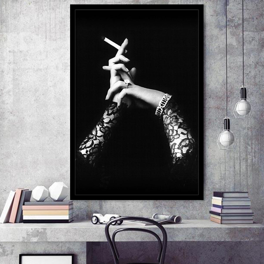 Smoking Hands Black And White Print, Vintage Black Lace Dress Framed Art Print Wall Art Decor,Framed Picture