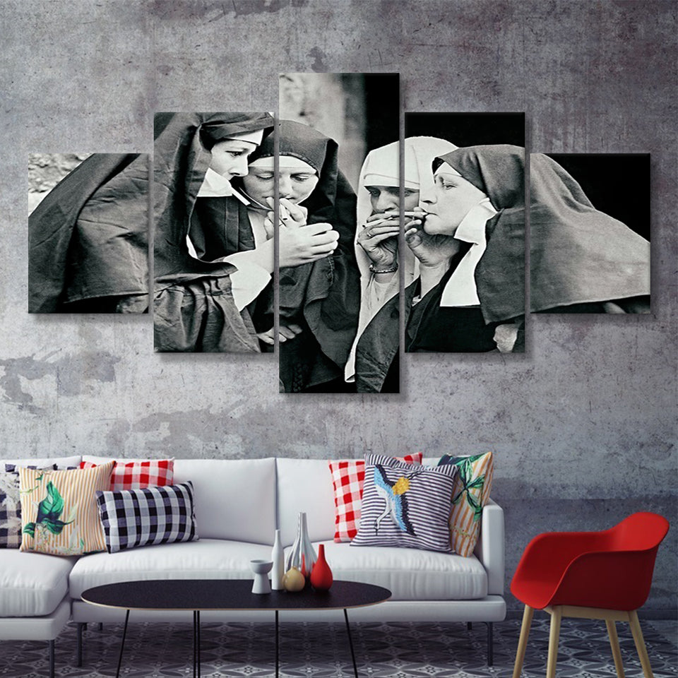 Smoking Nuns Vintage Photo 5 Pieces Canvas Prints Wall Art - Painting Canvas, Multi Panel