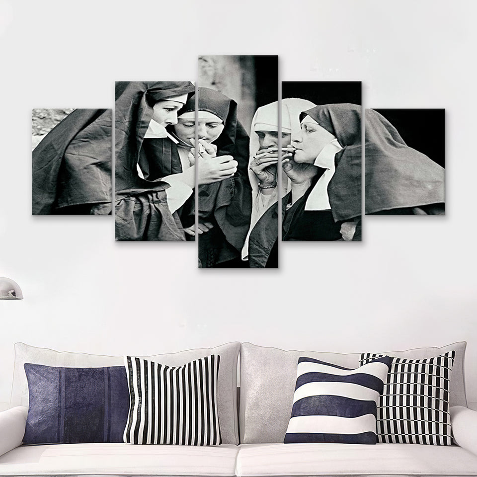 Smoking Nuns Vintage Photo 5 Pieces Canvas Prints Wall Art - Painting Canvas, Multi Panel