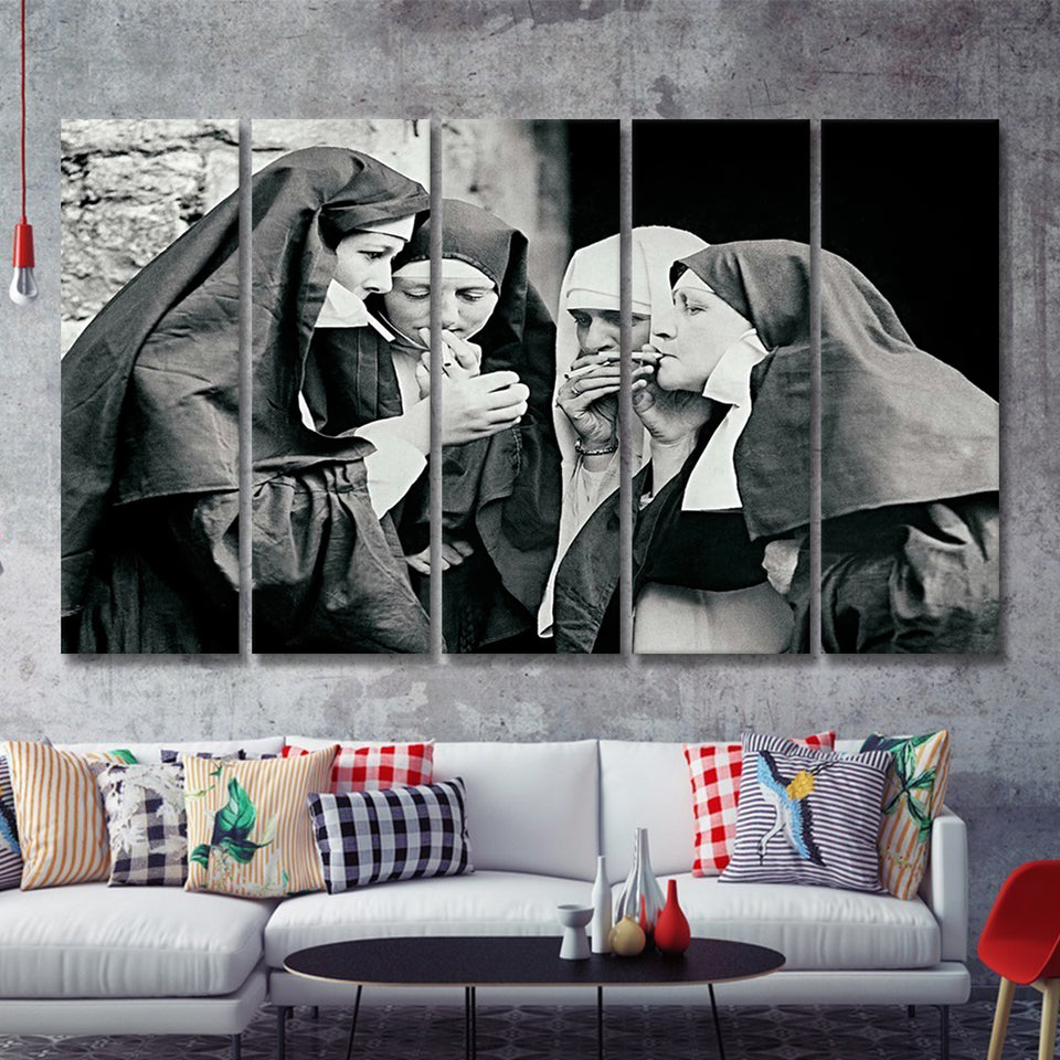 Smoking Nuns Vintage Photo 5 Pieces B Canvas Prints Wall Art - Painting Canvas, Multi Panel