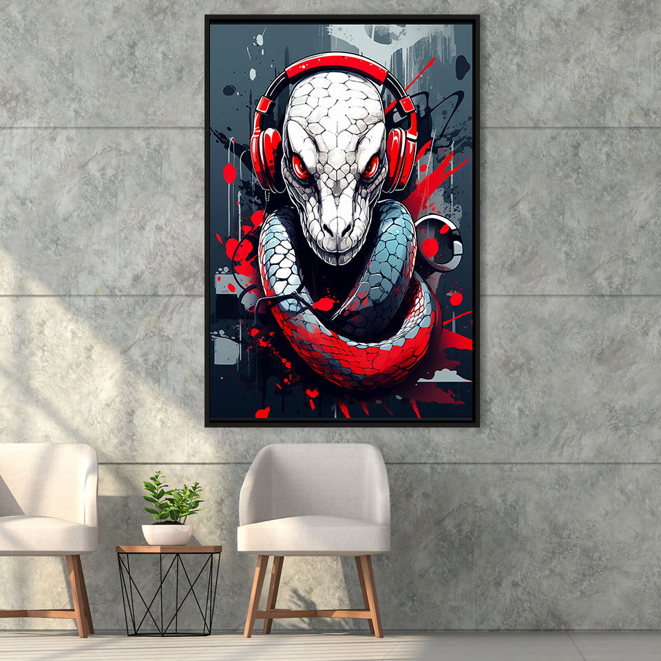 Snake Wearing Headphone, Gaming Art, Gift For Kids,Framed Canvas Prints,Floating Frame, Wall Art Home Decor