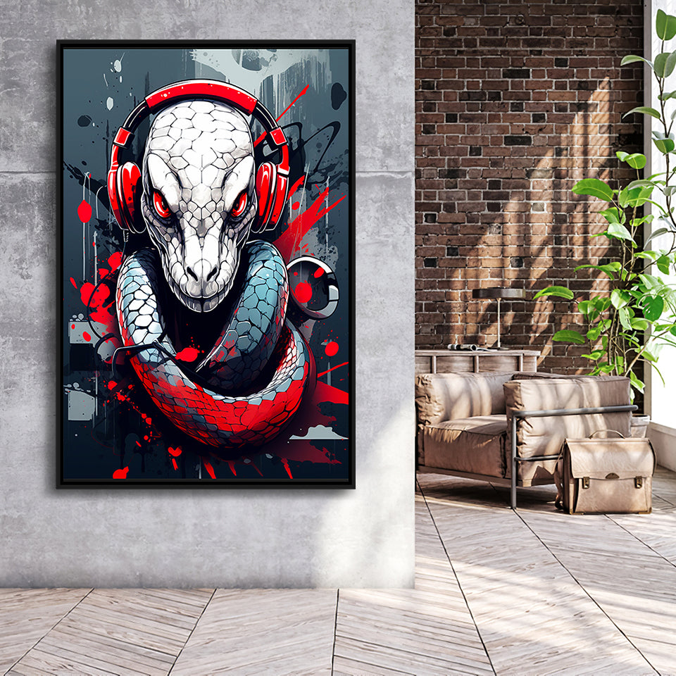 Snake Wearing Headphone, Gaming Art, Gift For Kids,Framed Canvas Prints,Floating Frame, Wall Art Home Decor