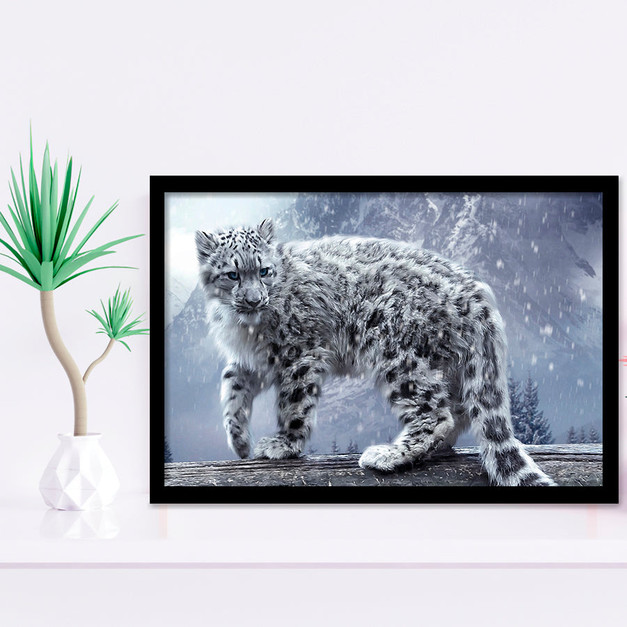 Snow Leopard Playing Framed Art Prints Wall Decor - Painting Prints, Wall Art, Framed Picture, Black Frame