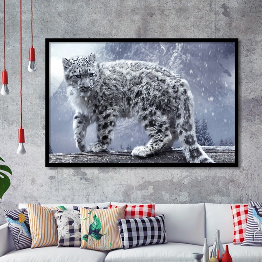 Snow Leopard Playing Framed Art Prints Wall Decor - Painting Prints, Wall Art, Framed Picture, Black Frame