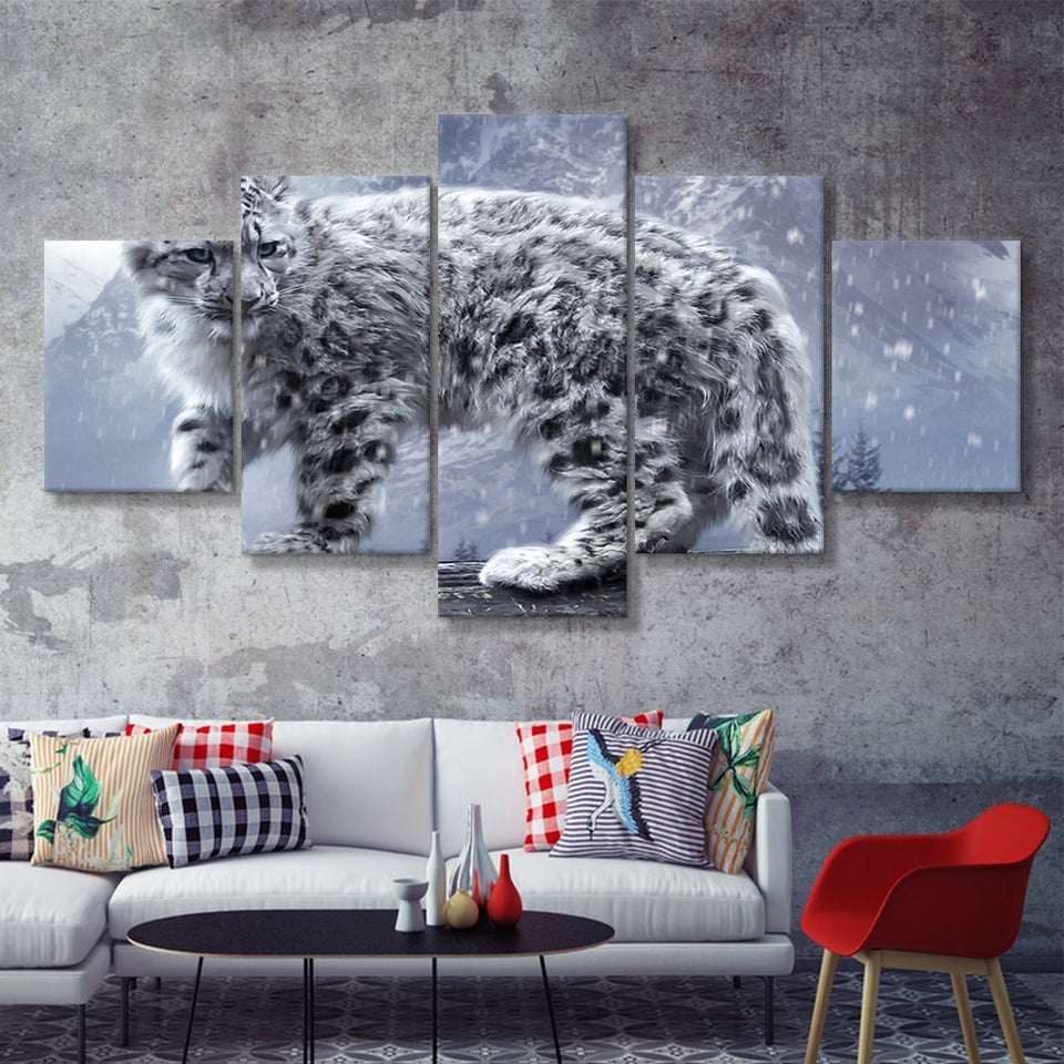 Snow Leopard Playing 5 Pieces Canvas Prints Wall Art - Painting Canvas, Multi Panel, Wall Decor, Canvas Art